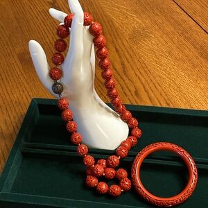 Vintage hand carved Cinnabar beads hand knotted silver clasp and bracelet set